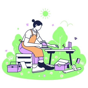 A woman named Emma is crafting a wooden bench in an open field. She is wearing a brown apron over a white shirt and denim jeans. Surrounding her are various tools and pieces of wood scattered on the grass. Emma is sitting on a wooden crate, focused on sanding down a plank with a hand sander. In the background, there are a few trees providing shade, and a toolbox lies next to her, partially open. The sun is shining brightly, illuminating the scene with soft shadows on the ground. Butterflies can be seen fluttering around the colorful wildflowers scattered throughout the field.