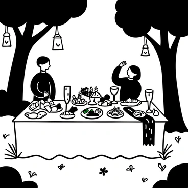 A long table is set in a forest clearing, adorned with an array of food and drink for an elven feast. The table is covered with a rich cloth, overflowing with platters of fruits, cheeses, bread, and intricate dishes. Tall, elegant goblets filled with various beverages are placed around the table. Surrounding the table are tall trees adorned with glowing lanterns that illuminate the scene with a soft light. The ground is scattered with leaves and small flowers, enhancing the magical atmosphere of the gathering.