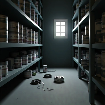 A storage room, dimly lit with a slightly dusty ambiance. The room is lined with shelves, filled with numerous metal canisters of film reels. Each canister is distinctively labeled with various titles and dates, some in bold lettering while others are faded. The canisters are stacked neatly, some standing upright while others are tilted at angles. There are a few reels scattered on the floor, partially unspooled, adding to the sense of a busy workspace. A small window allows a sliver of light to illuminate a layer of dust on the concrete floor, highlighting the stillness of the room.