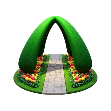 A topiary in a garden shaped like a symmetrical parabola with lush green foliage. The topiary is meticulously trimmed to maintain its parabolic form, with smooth curves and sharp edges. Surrounding the topiary are colorful flower beds filled with vibrant blooms, adding contrast to the greenery. The garden pathway is lined with small stones, leading up to the topiary. Sunlight casts gentle shadows on the ground, enhancing the three-dimensional appearance of the topiary.