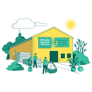A yellow factory building with a large sign reading "Ethically Sourced Materials" prominently displayed on its front. Outside, there are two teal banners hanging from the roof, showcasing various sustainable materials like bamboo and recycled metal. In the foreground, there are workers in teal uniforms inspecting stacks of sustainable materials. Several potted plants line the pathway leading to the factory entrance, emphasizing the company’s commitment to eco-friendliness. A bright sun is shining in the sky above, casting a warm yellow light over the scene.