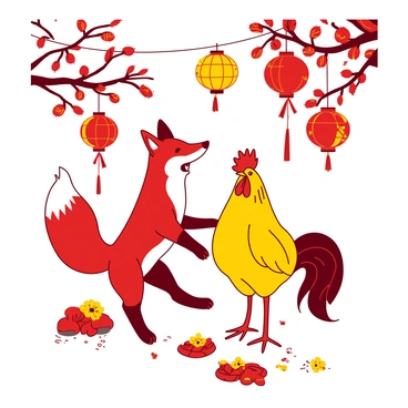 A red fox and a yellow rooster are joyfully celebrating a festival together. The fox is standing on its hind legs, looking excited, while the rooster stands proudly beside it. Colorful lanterns of various shapes and sizes are floating in the air above them. Some lanterns are round, while others are rectangular, all glowing softly in the evening light. The ground is decorated with small floral arrangements, and there are ribbons hanging from nearby trees, adding to the festive atmosphere. The fox and rooster are surrounded by a sense of camaraderie, sharing in the joy of the celebration.