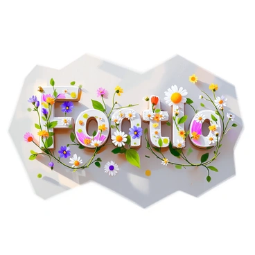 A whimsical script font is artistically formed using various wildflowers in full bloom, such as daisies, violets, and buttercups. The letters are intertwined with delicate, green trailing vines that spiral around the floral elements. Each character is adorned with a mix of colors from the flowers, creating a vibrant and lively appearance. The vines add an organic touch, enhancing the playful nature of the font, with some leaves peeking through the letters, completing the enchanting composition.