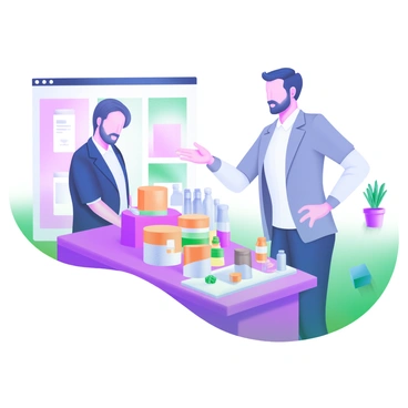 A small business owner stands confidently, showcasing their products on a display table. The products include neatly arranged bottles, boxes, and samples, all featuring colorful packaging. A procurement official, dressed in formal attire, attentively examines the offerings. The background features a bright, open space with soft, pastel-colored walls, and a few potted plants adding a touch of greenery. The scene conveys a sense of professionalism and engagement as the business owner gestures towards the products.