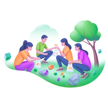 A group of students is engaged in an outdoor biology lesson, actively exploring nature. They are gathered around a variety of colorful leaves and interesting rocks scattered on the ground. Some students are kneeling, carefully examining their findings, while others are holding small bags for collecting their discoveries. The students are dressed in casual, comfortable clothing, and they exhibit expressions of curiosity and excitement. In the background, there are trees with green foliage, and the sky is clear and bright.