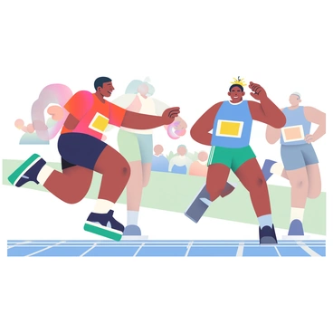 A team of sprinters is engaged in a relay race on an outdoor track. In the foreground, one sprinter with dark skin and short black hair is extending their hand to pass the baton to a teammate. The sprinter is wearing a bright red jersey and black shorts, with running shoes designed for speed. The teammate, a sprinter with medium brown skin and braided hair, is in the middle of a stride, wearing a blue jersey and white shorts. The track is marked with white lines, and the spectators in the background are cheering. The bright sun casts distinct shadows on the track surface.