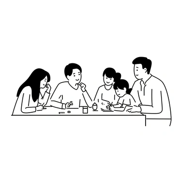 A family of four is gathered around a rectangular table, engaged in a discussion while filling out a questionnaire. The father is seated at one end, holding a pen and looking thoughtfully at the paper in front of him. He is wearing a button-up shirt and has short hair. The mother, sitting next to him, is taking notes on a notepad, dressed in a casual sweater. Their teenage daughter, across from them, is looking at her tablet, occasionally glancing at the questionnaire. She has long hair tied back in a ponytail. The young son, sitting beside her, is doodling on a blank sheet of paper, wearing a t-shirt and shorts. Various pens and a cup of water are on the table, adding to the homely atmosphere.
