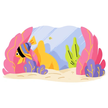 An angelfish with vibrant orange and blue stripes is peeking out from a colorful coral cave on the ocean floor. The coral cave is made of various hues of pink, purple, and yellow coral formations. Sunlight filters through the water, creating shimmering patterns on the sand below. Small fish dart in and out of the coral, adding to the lively underwater scene. The background features other coral structures and plants swaying gently in the currents.
