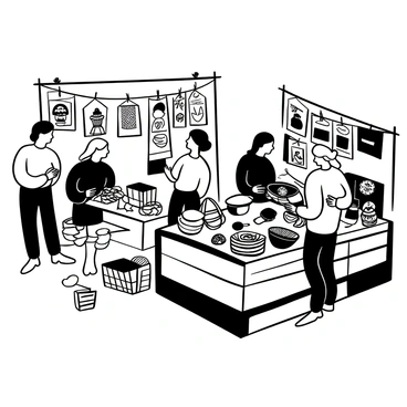 An open-air market bustling with vendors selling illustrated postcards, prints, and handmade crafts.