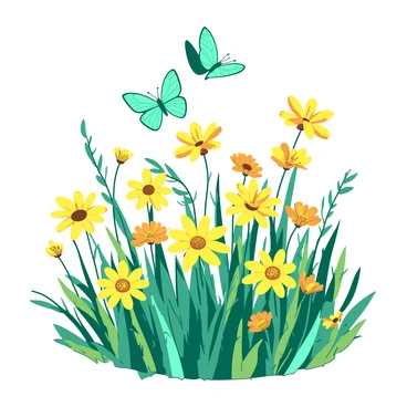 A yellow wildflower meadow is filled with an array of brightly colored flowers swaying gently in the breeze. Among the blossoms, teal butterflies are fluttering gracefully, their wings reflecting sunlight as they move from flower to flower. The vibrant colors of the flowers contrast beautifully with the green grass that surrounds them, creating a lively and inviting scene.