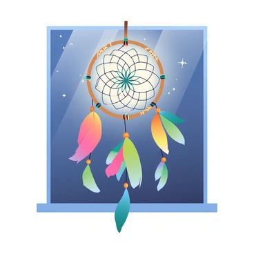A large dreamcatcher with intricate webbing and colorful feathers is hanging in a window. The dreamcatcher has a wooden hoop adorned with beads and charms. Through the window, the soft light of the moon is illuminating the dreamcatcher, casting gentle shadows on the wall. The night sky outside is deep blue with scattered stars visible beyond the windowpane. The moonlight creates a serene glow around the dreamcatcher, enhancing its ornate details.