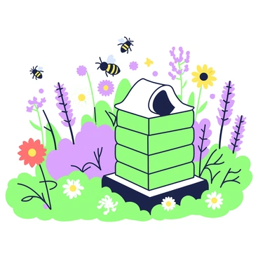 A hive is situated in the center of a thriving garden filled with a variety of flowers. Bees are emerging from the hive, their wings buzzing as they fly toward the colorful blossoms surrounding them. The flowers include tall sunflowers, delicate daisies, and clusters of lavender. The foliage is lush and green, providing a vibrant backdrop for the bees' activities. In the foreground, a few bees can be seen hovering near a bright red flower, while others navigate through the garden, collecting nectar.