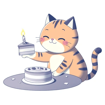 A cartoon cat with orange fur and distinctive black stripes is sitting at a table. The cat is holding a slice of cake in its paw. The cake has a single lit candle placed on top. The cat has its eyes closed, displaying a look of concentration as it makes a wish. The table is decorated with a simple tablecloth, and a few crumbs of cake are scattered around. The background features a blank wall, emphasizing the cat's action.
