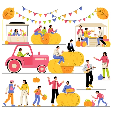 A vibrant harvest festival scene filled with a variety of colorful decorations and lively activities. Groups of people are enjoying hayrides on yellow hay bales pulled by a red tractor. Families and friends are gathered around food stalls, with an assortment of food items displayed, including pumpkins, apples, and freshly baked pies. Musicians are performing lively tunes on a small stage, with instruments like guitars and fiddles. Children are playing in the background, some are running and laughing while others are enjoying face painting. Bright banners and fairy lights hang overhead, creating a festive atmosphere.