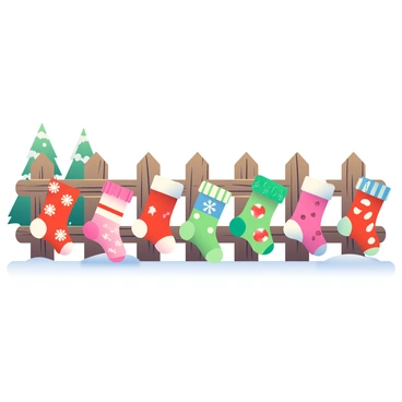 A line of colorful Christmas socks hanging on a rustic wooden fence