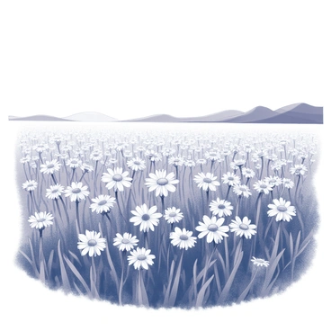 A vast field filled with numerous "blooming mayflowers" swaying gently in the breeze. Each mayflower has distinct petals and lush greenery surrounding them. The sky above is "clear and blue," creating a bright and open atmosphere. In the distance, there are faint silhouettes of rolling hills, enhancing the expanse of the landscape. Shadows are cast from the flowers onto the ground, adding depth to the scene.