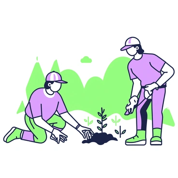 Volunteers are engaged in planting young saplings in a previously deforested area. One volunteer is kneeling down, holding a small sapling, while another stands nearby with a trowel in hand, preparing a hole in the soil. Around them, there is a noticeable presence of new growth, including small bushes and grass, indicating the area is recovering. In the background, patches of green trees can be seen, suggesting a transition from a barren landscape to a thriving ecosystem. The volunteers wear hats and gloves for protection, and they appear focused on their task of reforestation.