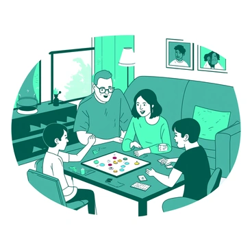 A teal family is gathered around a wooden table in a cozy living room, engaged in an exciting board game. The table is cluttered with colorful game pieces and cards, while a white game board is laid out in the center. The parents and children are animatedly discussing their strategies, with smiles on their faces. A plush sofa with teal cushions is in the background, and a few family photos are displayed on the walls. A warm light is coming from a nearby lamp, creating a welcoming atmosphere.