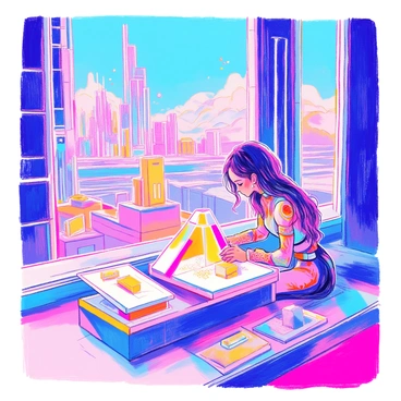 A character resembling "Symmetra" is focused on constructing a structure that emits a soft glow. She has long dark hair and is dressed in a sleek, futuristic outfit featuring intricate patterns. The structure she is building has geometric shapes and is illuminated in shades of blue and purple. The futuristic landscape around her consists of towering, sleek buildings with reflective surfaces and neon lights, and a clear sky stretches above, accentuating the vibrant colors of her work. There are also holographic displays floating nearby, providing details of her design.