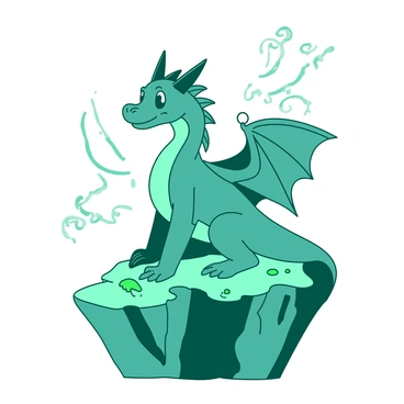 A teal small dragon with singed wings is perched on a large jagged rock. The dragon's scales glisten in the light, showcasing a blend of shades. The rock has a rough texture and is covered in patches of green moss. Behind the dragon, there are wisps of smoke rising into the air, hinting at its fiery breath. The dragon's eyes are wide and alert, scanning its surroundings for any movement.