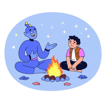 A cartoon depiction of a blue genie with a friendly smile, sitting cross-legged next to a young man with dark hair, wearing a simple vest and pants. They are both sitting close to a vibrant campfire, with bright orange and yellow flames dancing upward. The genie appears animated, gesturing expressively as he shares a story, while Aladdin listens intently, a look of wonder on his face. The night sky above is dotted with twinkling stars, creating a warm and inviting atmosphere. The campfire is surrounded by small rocks, and there are a few scattered leaves around them.