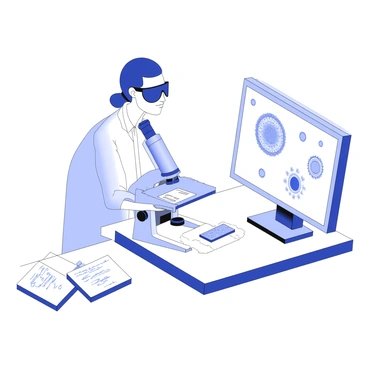 A researcher is observing a microbial community through a microscope. The microscope is detailed with knobs and a light source, and it is positioned on a laboratory table. The researcher is focused intently, wearing safety goggles and a lab coat. On the microscope’s base, there is a slide containing the microbial samples. Next to the microscope, there is a computer screen displaying visual data, which includes various shapes and patterns representing the microbial community. Papers and a notepad with scribbled notes are scattered on the table, adding to the scientific environment.
