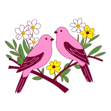 Two pink lovebirds are perched closely together on a branch. They are surrounded by an array of colorful blooming flowers in shades of yellow and white. The flowers are vibrant, with petals fully open, creating a lively atmosphere in the spring garden. In the background, lush green leaves add texture and depth to the scene, enhancing the beauty of the lovebirds and their floral surroundings. The lovebirds are gazing at each other, embodying a sense of affection amidst the blossoms.