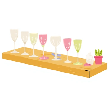 A collection of vintage coupe glasses arranged in a neat row on a wooden shelf. Each glass has a delicate design with subtle engravings and a classic shape. The shelf has a warm, rustic finish, showcasing the rich texture of the wood. Soft light highlights the crystal clarity of the glasses, creating gentle reflections. Some glasses have a pale pink or light green tint, adding subtle color to the display. A few small decorative items, such as coasters or tiny potted plants, are placed nearby, enhancing the charming presentation.