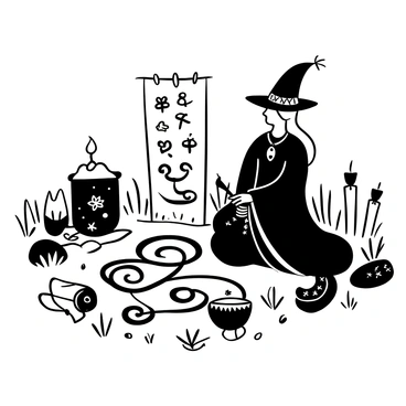 A medieval witch kneeling on a grassy surface, carefully painting intricate mystical symbols on the ground with a brush. The witch is dressed in a flowing robe, adorned with various charms and trinkets. Surrounding her are several magical artifacts, including a small cauldron, candles, and herbs. The scene is illuminated by the soft glow of candlelight, creating shadows that dance around her. The symbols she is painting are complex and spiraled, evoking a sense of ancient magic and mystery.