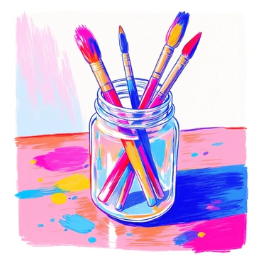 A jar made of clear glass is filled with five paintbrushes of varying sizes and colors. The brushes have wooden handles, some short and thick while others are long and slender. The bristles of the paintbrushes display a variety of colors including red, blue, yellow, green, and purple. The jar sits on a wooden table, with a few splatters of paint around it, suggesting recent artistic activity. The background is softly blurred, drawing focus to the jar and the colorful paintbrushes within.