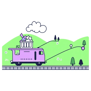 A train car is moving quickly along railway tracks, with a laundry basket securely strapped to its roof. The laundry basket is filled with various pieces of colorful clothing, some of which are fluttering in the wind. In the background, the countryside stretches out, featuring rolling green hills and scattered clusters of trees. There are a few patches of flowers visible on the hillsides, adding texture to the landscape. The train emits a slight trail of smoke as it speeds forward, creating a sense of motion and excitement in the scene.
