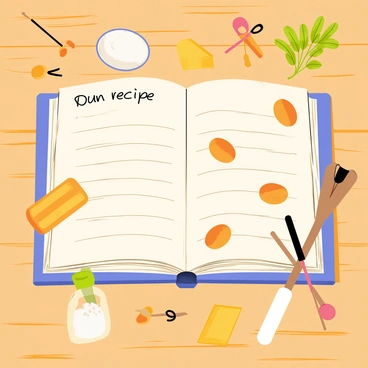 An ancient cookbook open to a bun recipe with ingredients scattered around