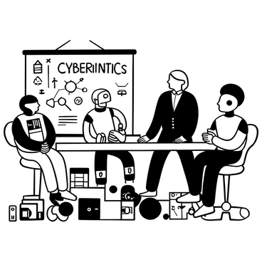 A man with short hair wearing a suit stands at a large table filled with intricate blueprints and gadgets. Surrounding him are three futuristic robots, each with distinct designs, engaging in a discussion. One robot has a cylindrical body with multiple arms, while another has a sleek, humanoid shape. The third robot features a rounded head and is holding a notepad. "Cybernetics" is prominently displayed on a large whiteboard behind them, filled with diagrams and equations. Various tools and machine parts are scattered across the table, creating a busy, intellectual atmosphere.