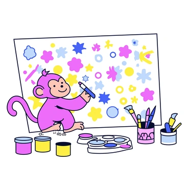 A monkey with a playful expression is focused on painting a colorful mural on a white wall. The mural features vibrant patterns of flowers, geometric shapes, and abstract swirls. The monkey is holding a paintbrush with its right hand. Around the monkey are various art supplies, including paint pots in bright colors, brushes of different sizes, and a palette with splashes of paint. The scene is lively and filled with an atmosphere of creativity.