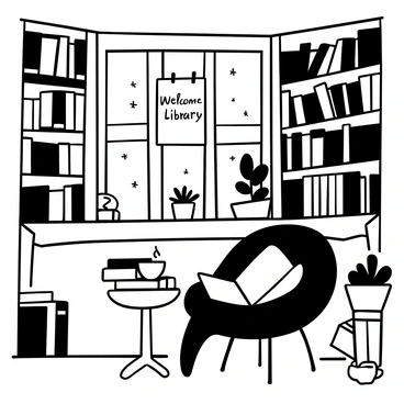 A cozy corner of a library filled with books arranged on wooden shelves. A comfortable armchair sits beside a small table stacked with open books and a steaming cup of tea. A large window allows soft light to filter in, illuminating dust particles in the air. An ornate globe stands in one corner, and a potted plant rests on the windowsill. "Welcome to the library" is displayed on a small sign hanging above the shelves.