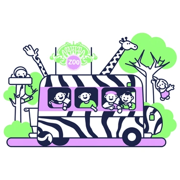 A cartoon bus is designed to resemble a zebra, featuring black and white stripes along its sides. The bus is driving through a zoo, surrounded by lush greenery and various animal enclosures. Excited kids are onboard, peering out the windows with wide smiles, pointing at the animals. In the background, a giraffe stretches its neck towards a tree, while monkeys swing playfully on branches. A sign indicating the zoo entrance is partially visible under a canopy of leaves.