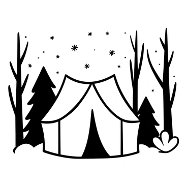 A winter tent situated in a forest surrounded by tall, bare trees. "Snowflakes" are gently falling around the tent, creating a serene atmosphere. The tent has a distinct shape with pointed peaks and is surrounded by a light dusting of snow on the ground. Nearby, there are evergreen trees partially covered in snow, adding to the winter scenery.