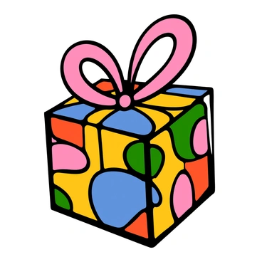 A colorful gift box with a variety of bright colors featuring a "band-aid" pattern throughout its surface. The gift box is square-shaped and has a shiny finish, reflecting light. It is adorned with a large, whimsical bow on top, made of vibrant ribbon that contrasts with the pattern of the box. The background is simple to highlight the details of the gift box and its decoration.