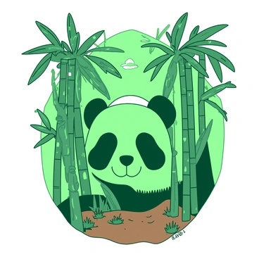 A green bamboo forest is filled with tall bamboo stalks swaying gently in the breeze. The arrangement of the bamboo creates a distinctive outline of a panda's face amidst the foliage. The panda's ears are formed by two clusters of bamboo at the top, while the eyes and nose are suggested by darker patches of shadow among the green. Sunlight filters through the leaves, casting playful patterns on the forest floor, where small patches of grass can be seen peeking through the rich brown soil.