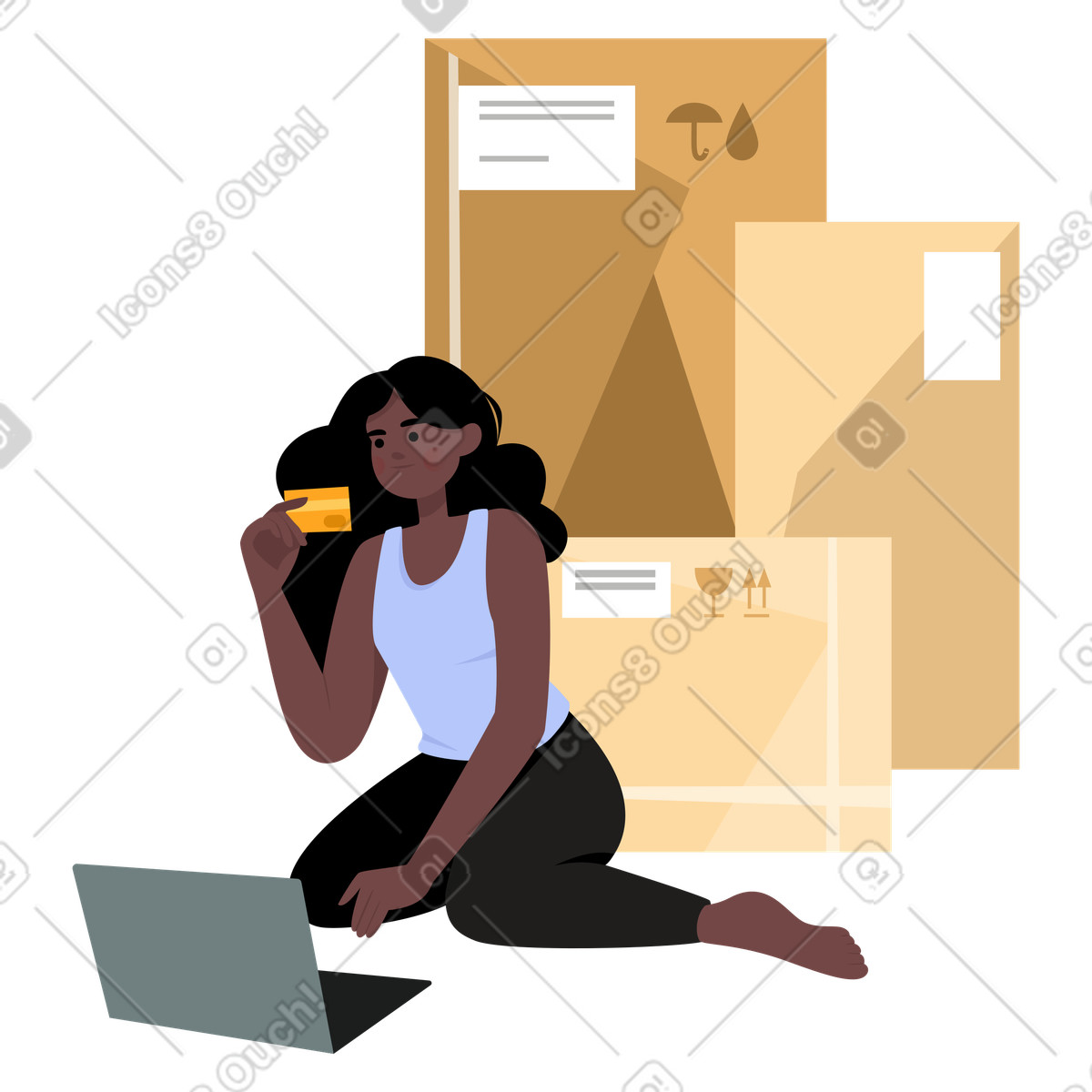 Illustration Fille shopping en ligne avec une carte de crédit dans le style Lagom à télécharger aux formats PNG, SVG