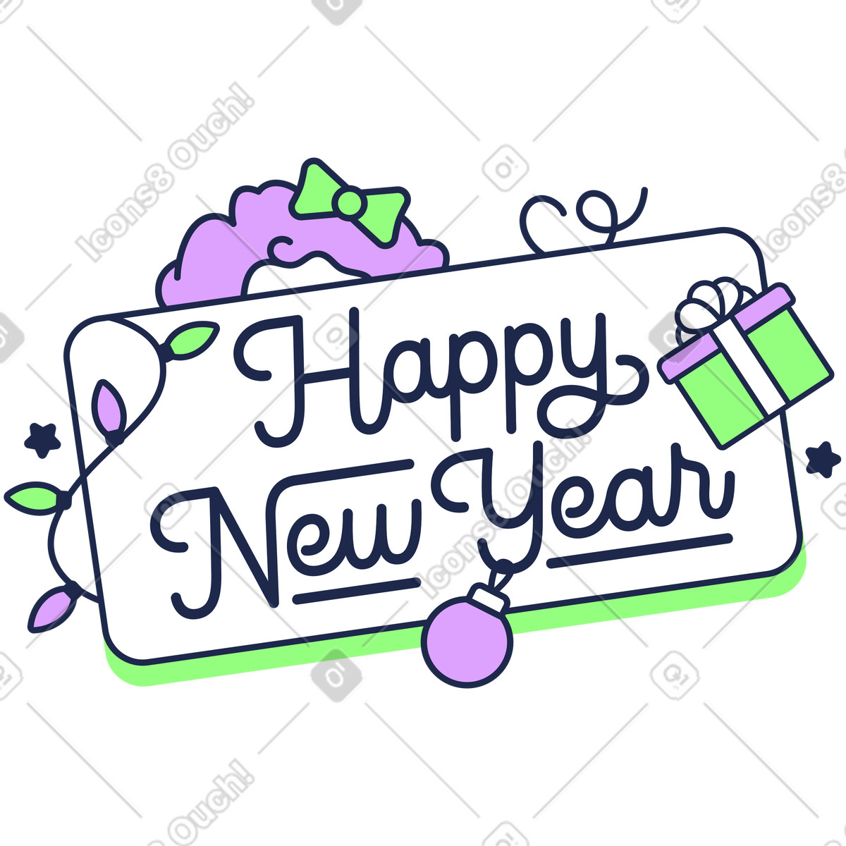 Happy New Year message with ornament and gift box, Event invitation or celebration animated illustration in Outline style download in GIF, Lottie (JSON), AE