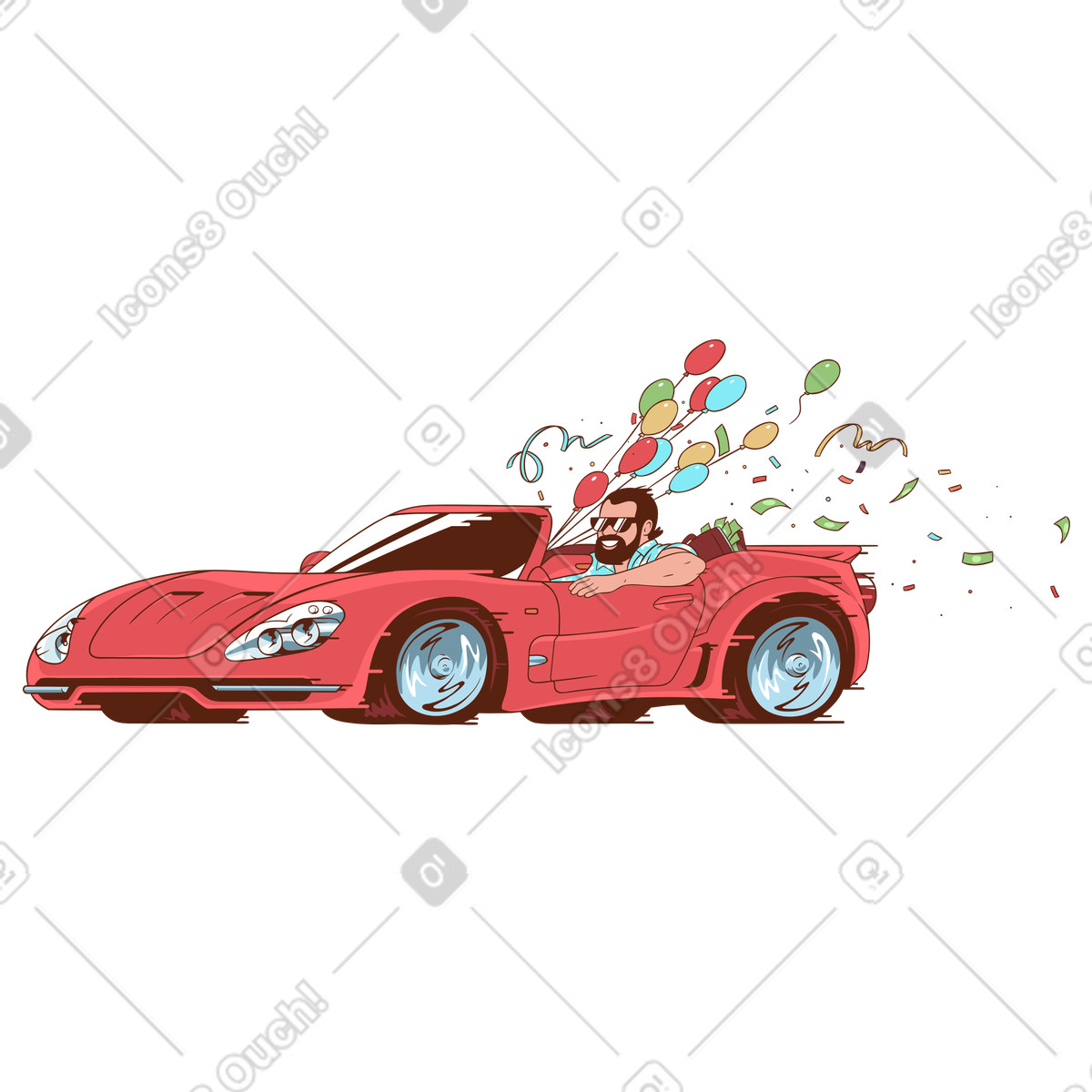 A man driving red sports car with balloons coming out of it illustration in Eastwood style download in PNG, SVG