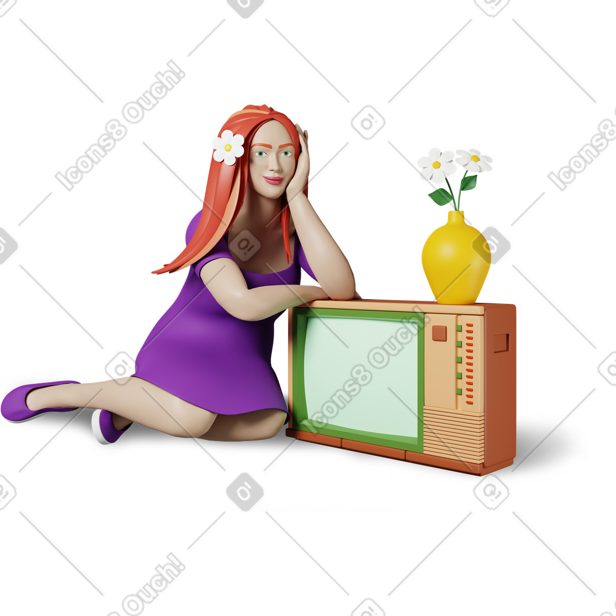 Donna con tv e fiori in vaso illustrazione in stile 3D Plastic people scarica in PNG, SVG