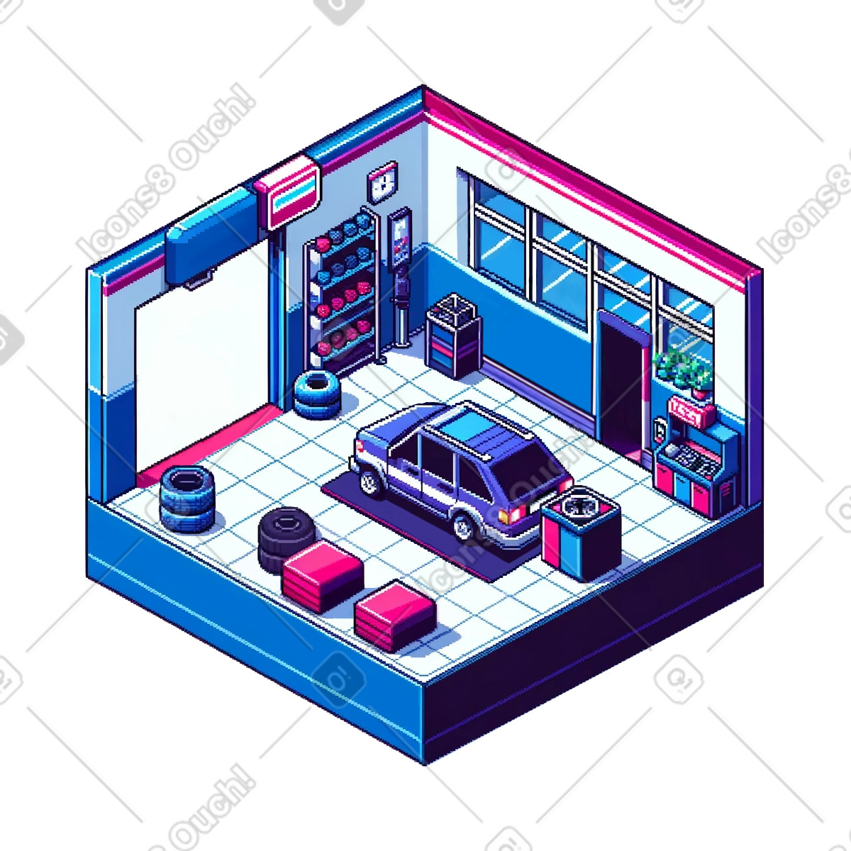 Autofficina e servizio pneumatici illustrazione in stile Rooms scarica in PNG, SVG