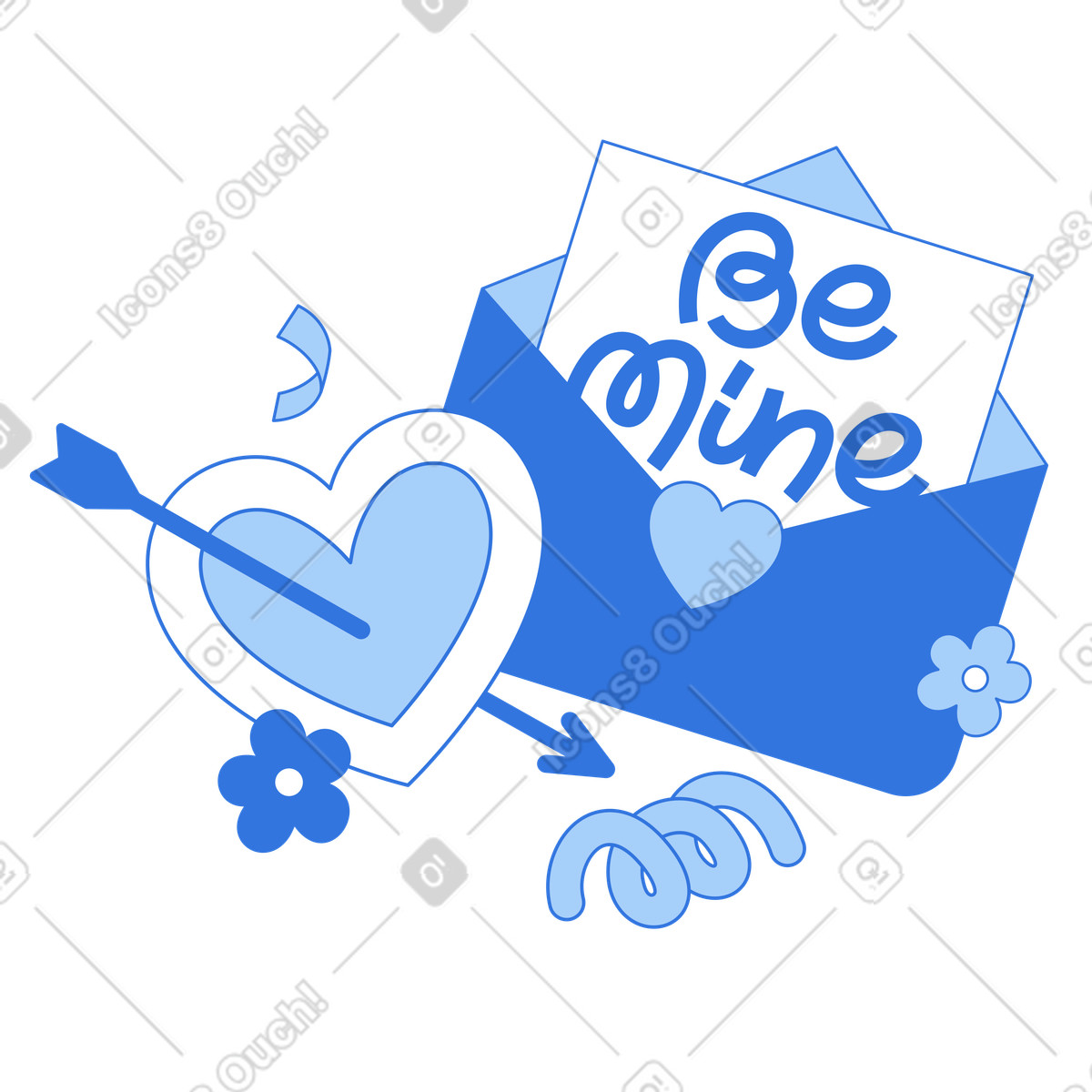 Ilustración Texto be mine en sobre y corazón perforado estilo Sky a descargar PNG SVG
