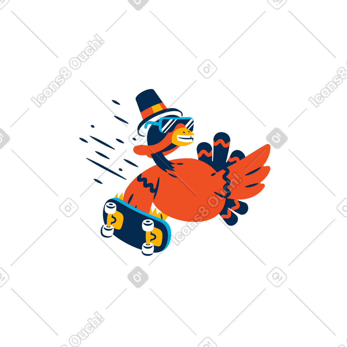 Un tacchino cartone animato con uno skateboard in mano illustrazione stile Flame scarica PNG, SVG