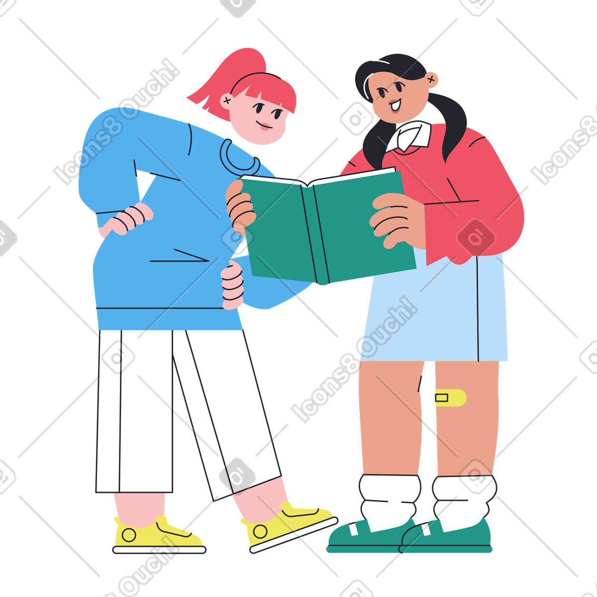下载 Boba 风格的 Young students reading book, school project teamwork 插画，支持 PNG、SVG 格式