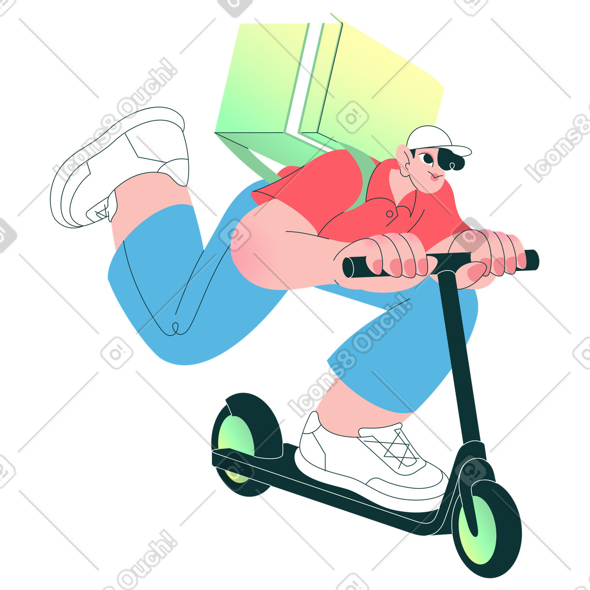 Ilustração animada de Delivery worker on kick scooter, Fast city courier service em GIF, Lottie (JSON), AE