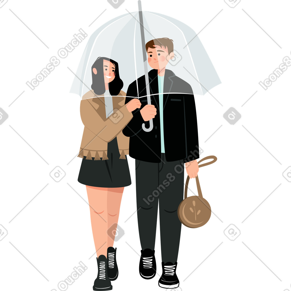 Ilustração de Boy and girl walking under an umbrella em no estilo Lagom para baixar em PNG, SVG