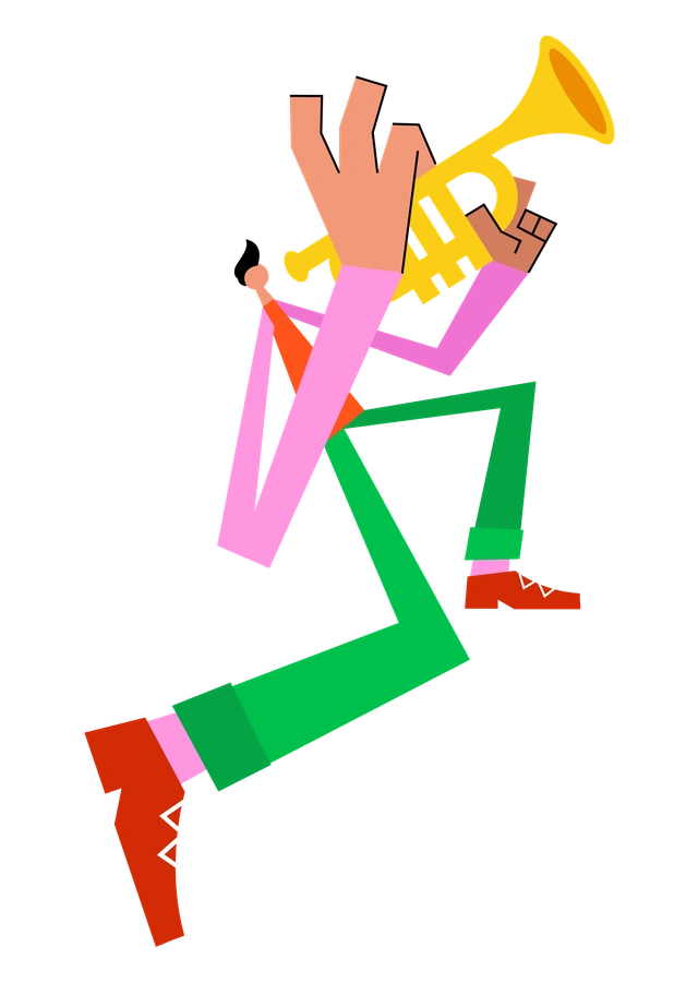 A musician playing a trumpet energetically - Warp style illustration